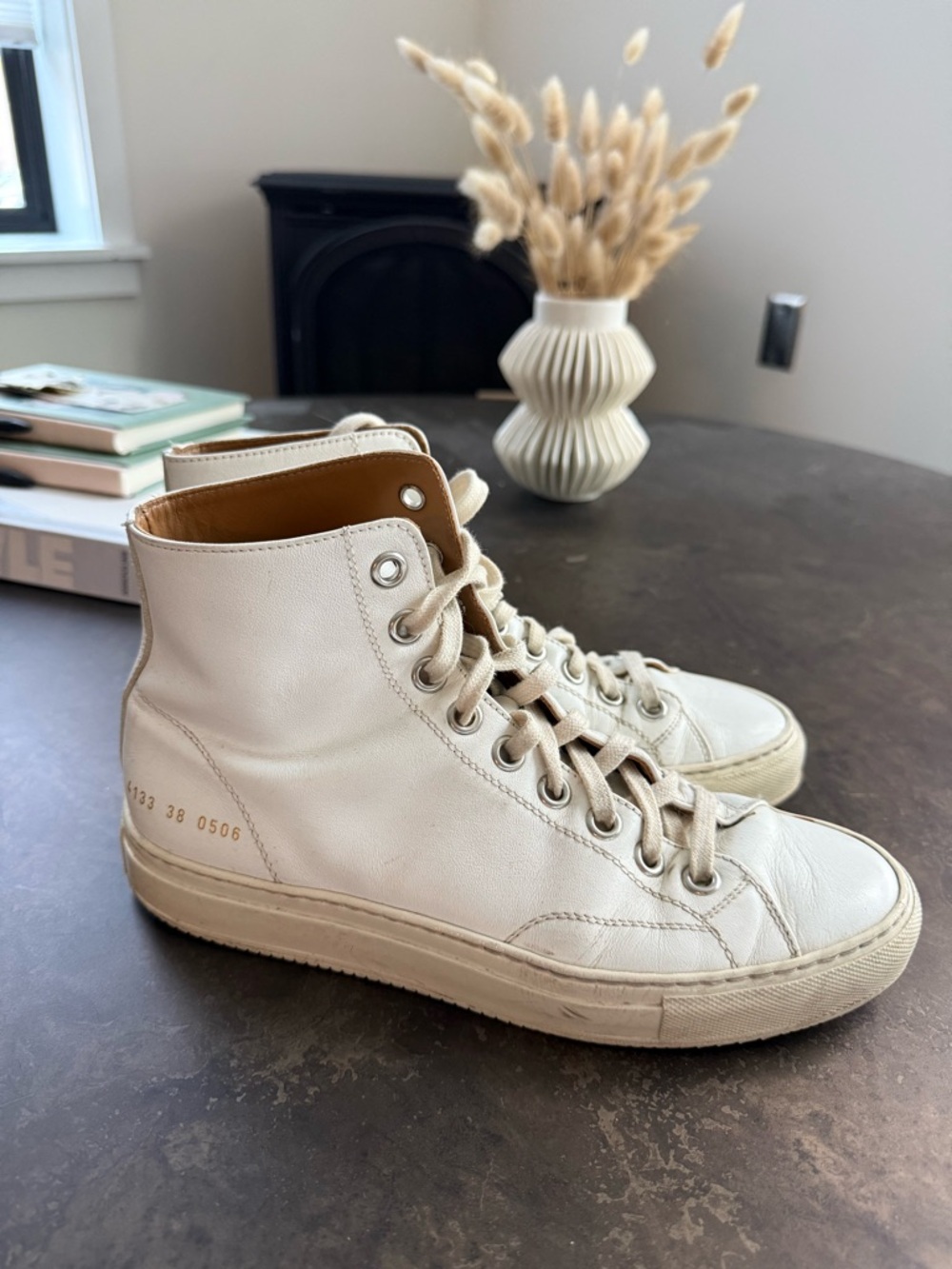 Common Projects Cream Leather High-Top Sneakers